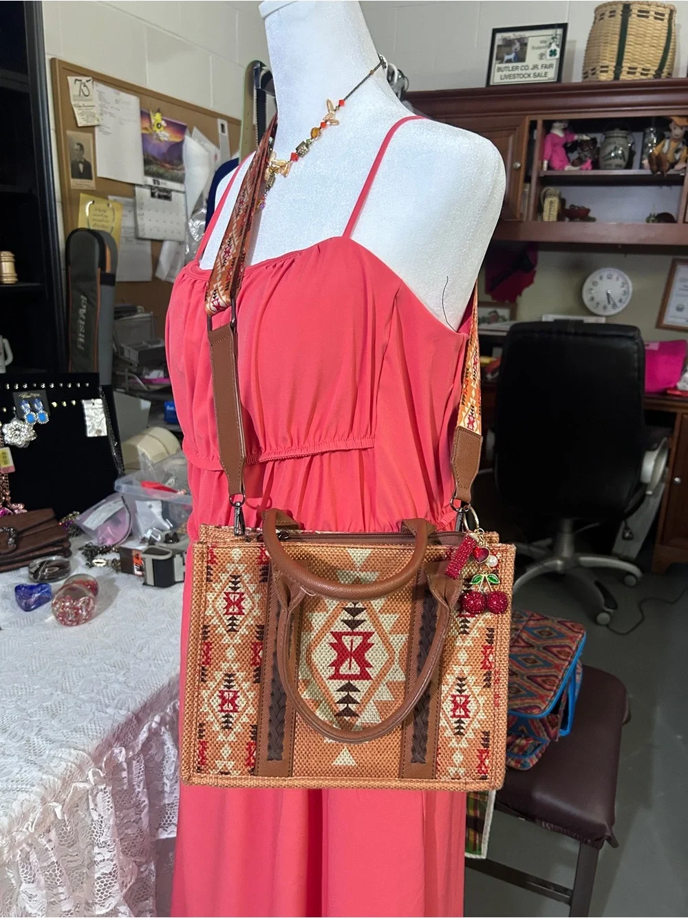 2 Red Aztec-Pattern Crossbody Tote Bags with Removable Strap and bag charm